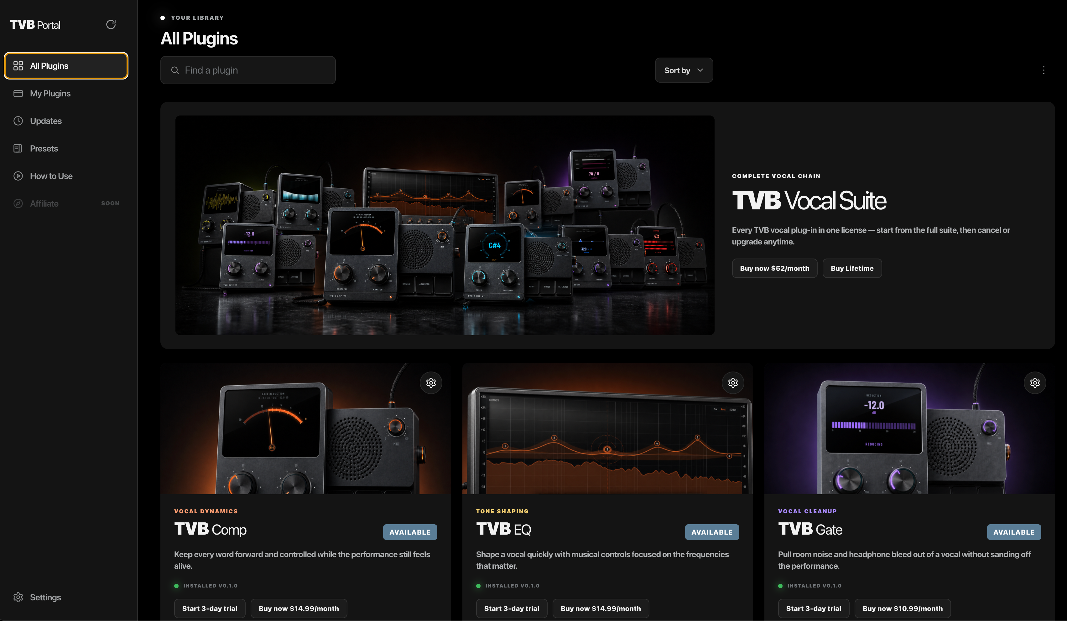TVB Portal showing the plugin library, trials, and complete Vocal Suite