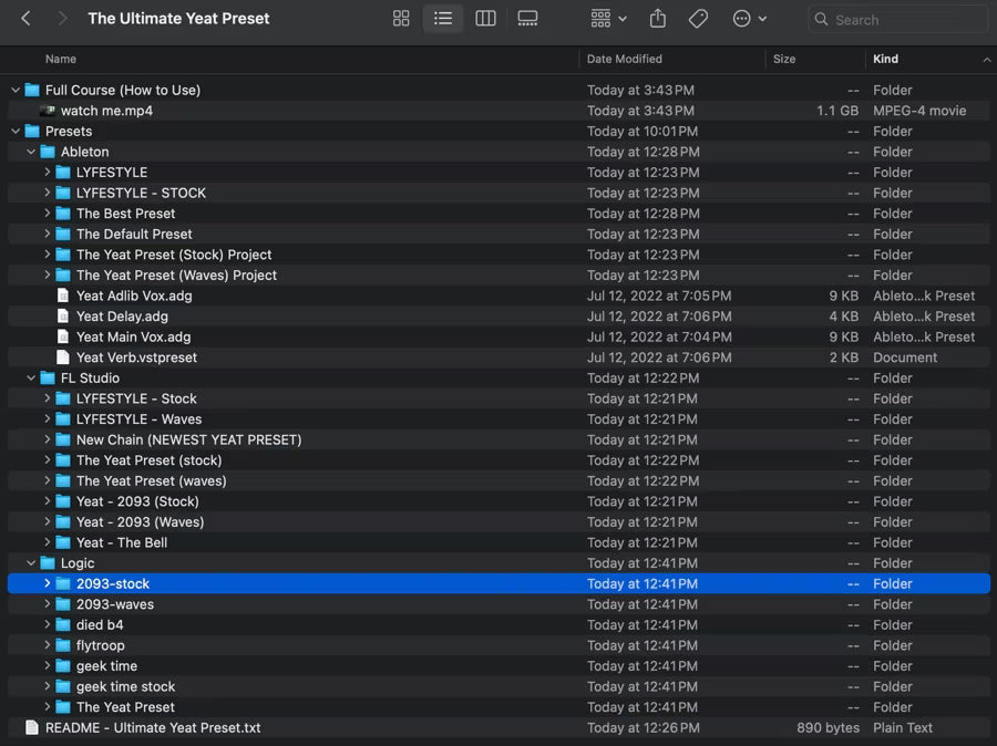 The organized Ultimate Yeat Preset folders for Ableton, FL Studio, Logic, and the full course